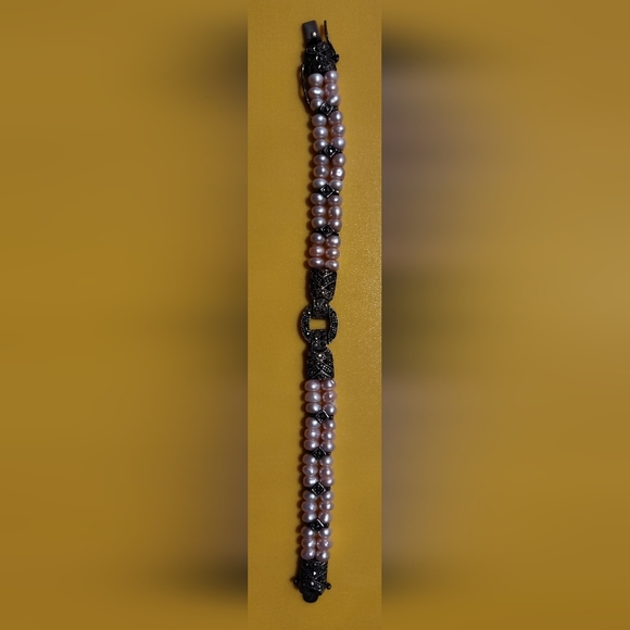 Vintage 925 double stranded pink pearl and marcasite bracelet - Picture 3 of 9